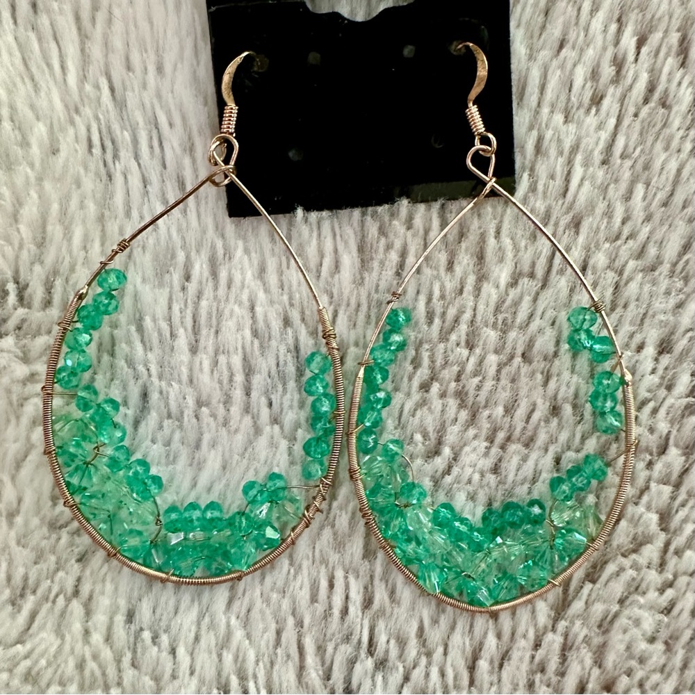 Handmade Gold-tone & Aqua Crystal Drop Earrings, NWT